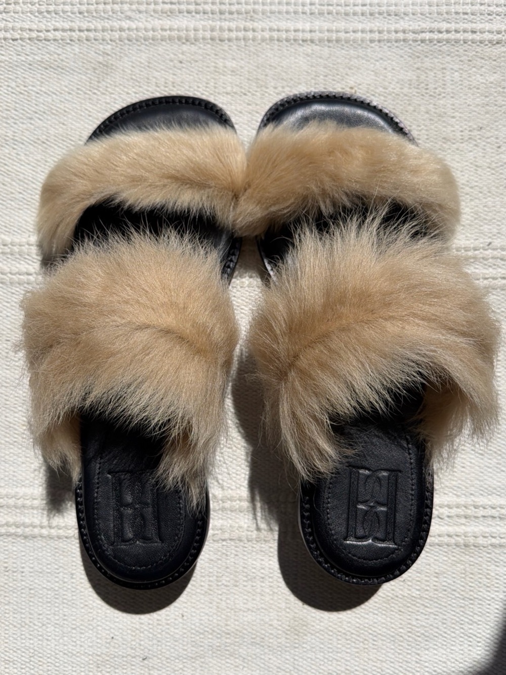 By Malene Birger Tan Fur Slide Sandals with Black heel NEW